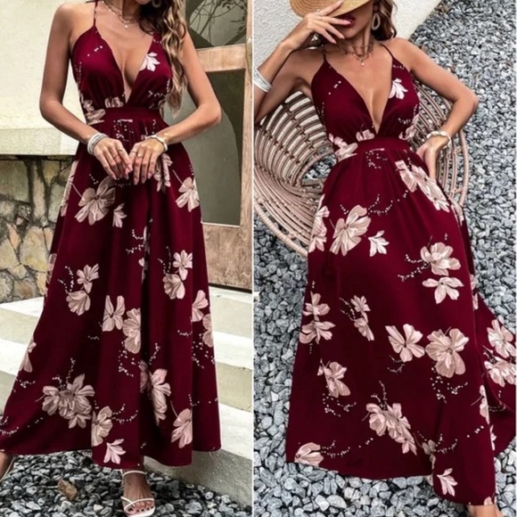Boho Burgundy Floral Print Backless Maxi Dress - Picture 2 of 6